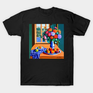 Still Life Painting with Colorful Flowers in a Blue Vase T-Shirt